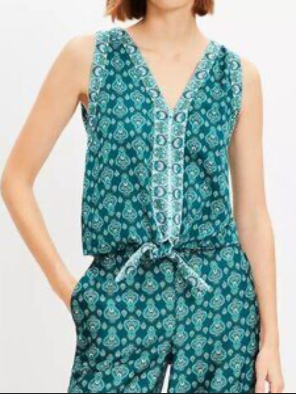 Loft Green Blue Paisley Floral Border Print Sleeveless Tie Waist Blouse Sz S NWT